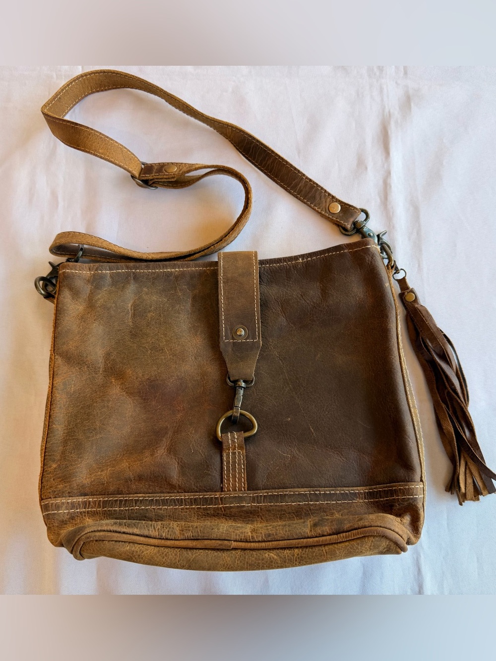 Myra Bag ‘Real Bliss’ Rustic Brown Leather Messenger Bag with Tassel